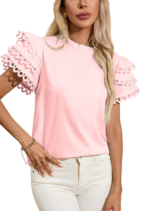 Ruffle Mock Neck Tiered Eyelet Sleeve Blouse