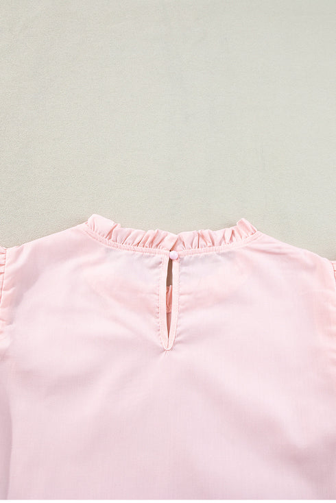 Ruffle Mock Neck Tiered Eyelet Sleeve Blouse