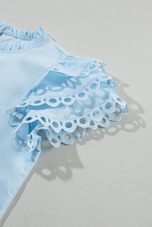 Ruffle Mock Neck Tiered Eyelet Sleeve Blouse