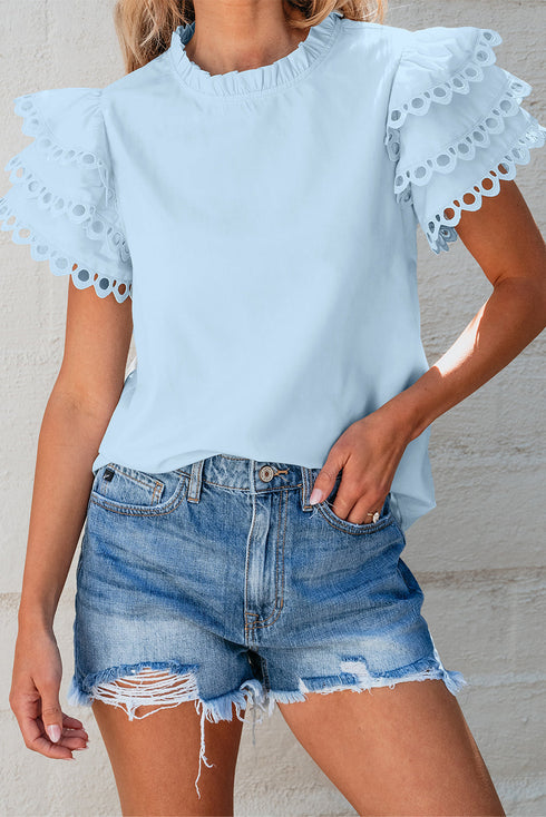 Ruffle Mock Neck Tiered Eyelet Sleeve Blouse
