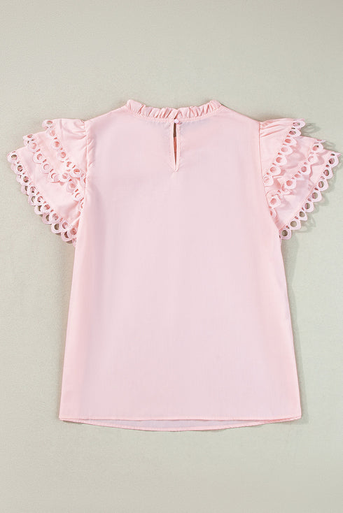 Ruffle Mock Neck Tiered Eyelet Sleeve Blouse