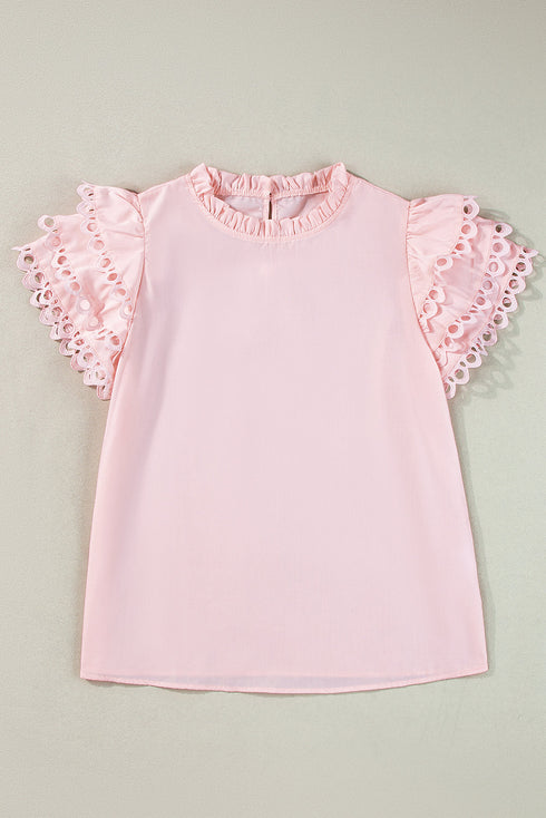 Ruffle Mock Neck Tiered Eyelet Sleeve Blouse