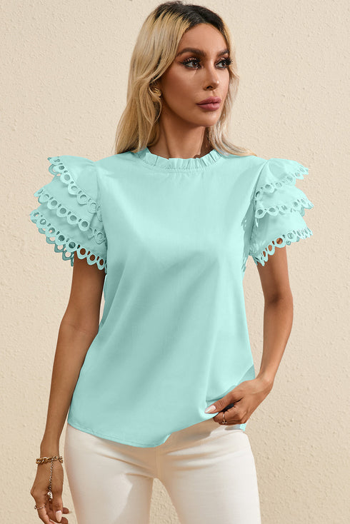Ruffle Mock Neck Tiered Eyelet Sleeve Blouse