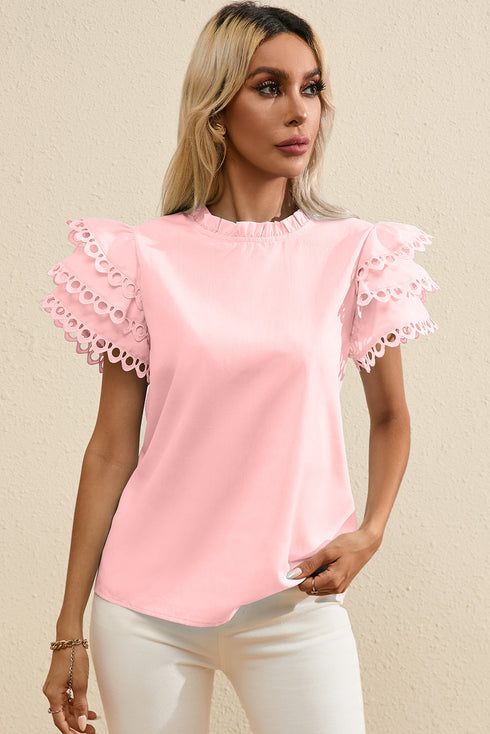 Ruffle Mock Neck Tiered Eyelet Sleeve Blouse