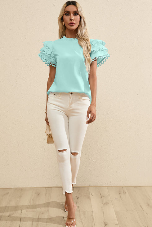 Ruffle Mock Neck Tiered Eyelet Sleeve Blouse