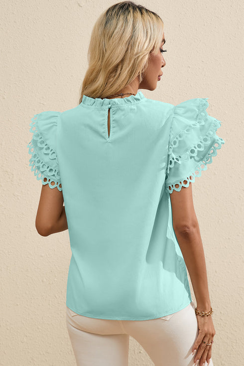 Ruffle Mock Neck Tiered Eyelet Sleeve Blouse
