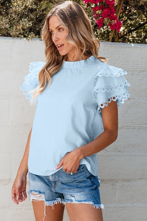 Ruffle Mock Neck Tiered Eyelet Sleeve Blouse