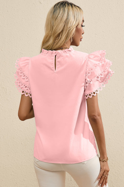 Ruffle Mock Neck Tiered Eyelet Sleeve Blouse