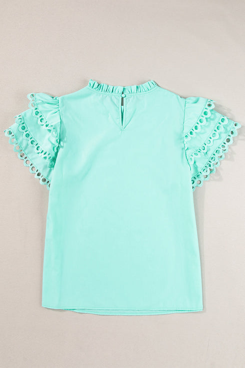 Ruffle Mock Neck Tiered Eyelet Sleeve Blouse