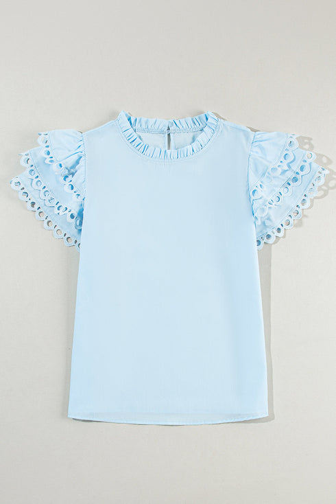 Ruffle Mock Neck Tiered Eyelet Sleeve Blouse