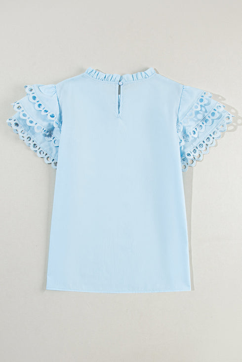 Ruffle Mock Neck Tiered Eyelet Sleeve Blouse