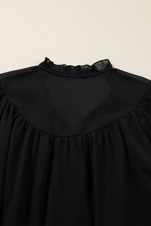 Ruffle Neck Tie Front Chiffon Balloon Sleeve Blouse