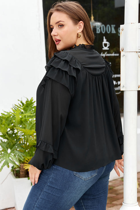 Ruffle Neck Tie Front Chiffon Balloon Sleeve Blouse