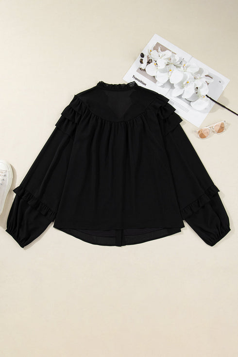Ruffle Neck Tie Front Chiffon Balloon Sleeve Blouse