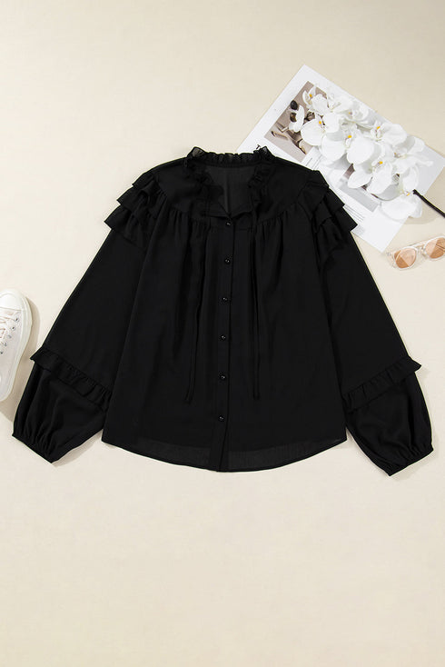 Ruffle Neck Tie Front Chiffon Balloon Sleeve Blouse