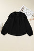 Ruffle Neck Tie Front Chiffon Balloon Sleeve Blouse