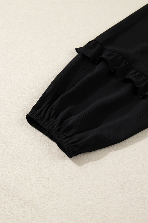 Ruffle Neck Tie Front Chiffon Balloon Sleeve Blouse
