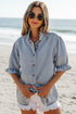 Ruffle Short Puff Sleeve Chambray Denim Shirt