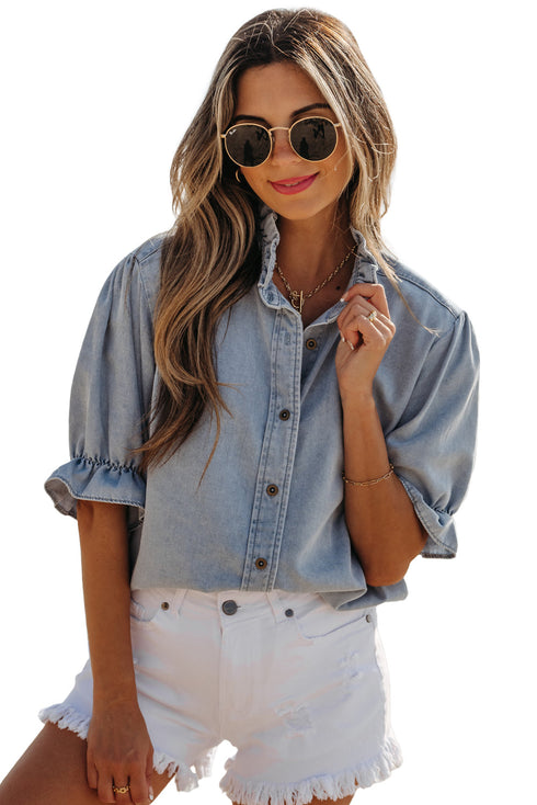 Ruffle Short Puff Sleeve Chambray Denim Shirt