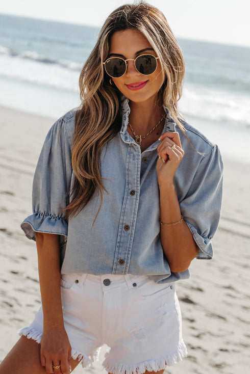 Ruffle Short Puff Sleeve Chambray Denim Shirt