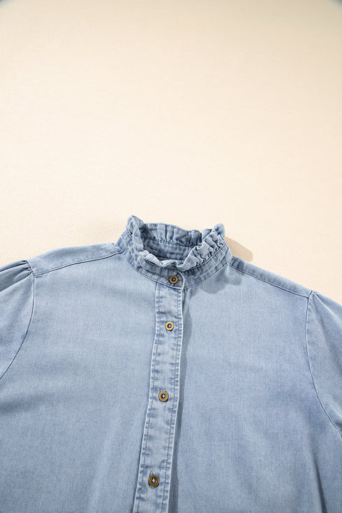 Ruffle Short Puff Sleeve Chambray Denim Shirt