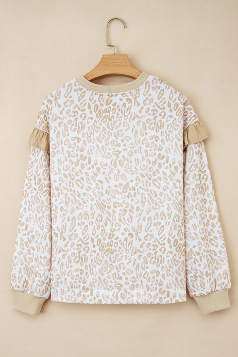 Ruffle Shoulder Animal Print Crew Neck Pullover Top