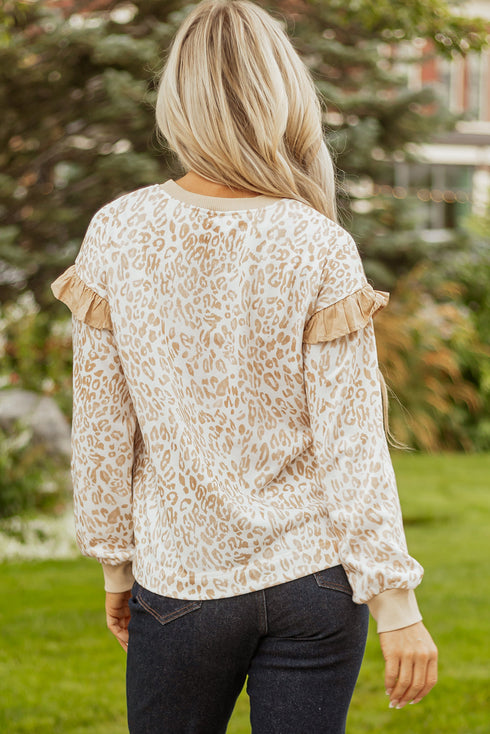 Ruffle Shoulder Animal Print Crew Neck Pullover Top