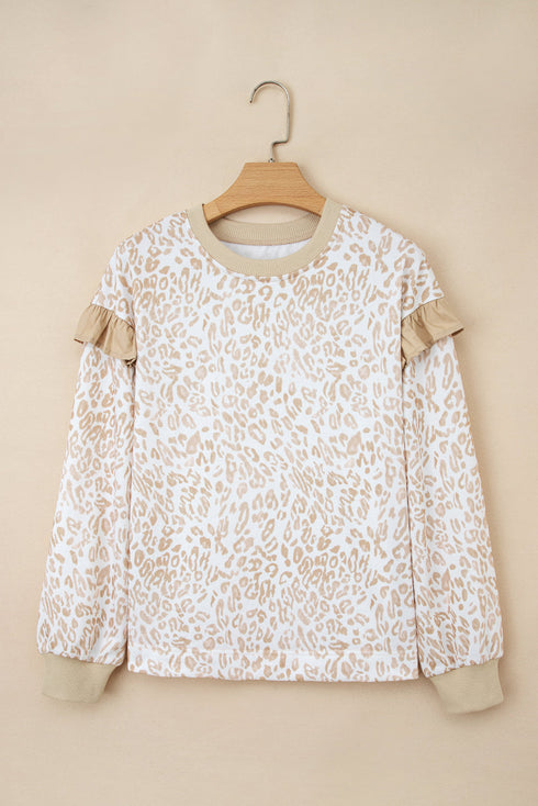 Ruffle Shoulder Animal Print Crew Neck Pullover Top