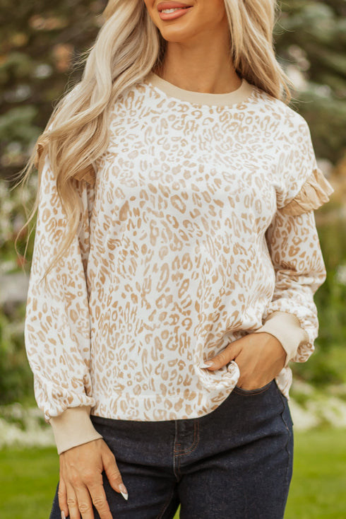 Ruffle Shoulder Animal Print Crew Neck Pullover Top
