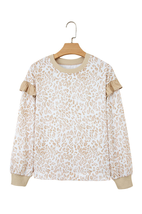 Ruffle Shoulder Animal Print Crew Neck Pullover Top