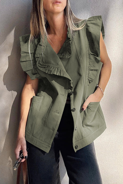Ruffle Shoulder Detail Button Front Sleeveless Utility Vest