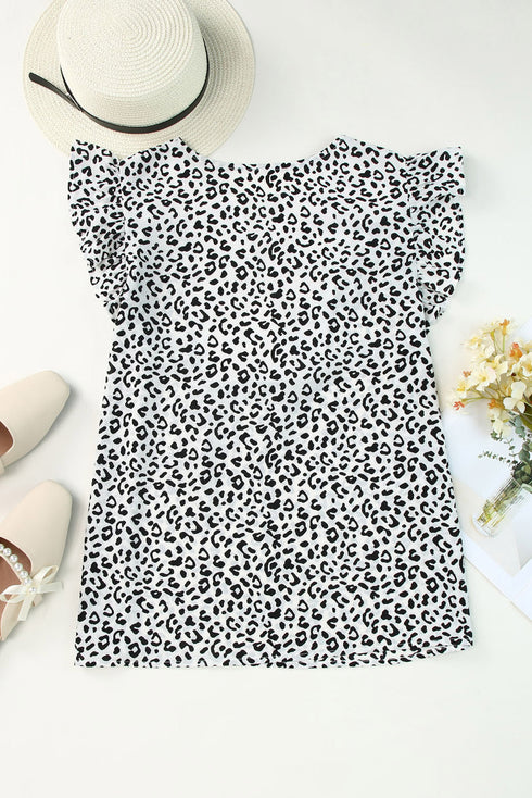 Ruffle Shoulder Embellished V Neck Animal Print Tank Top