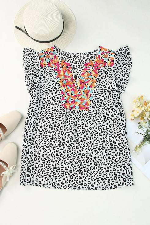 Ruffle Shoulder Embellished V Neck Animal Print Tank Top