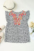 Ruffle Shoulder Embellished V Neck Animal Print Tank Top