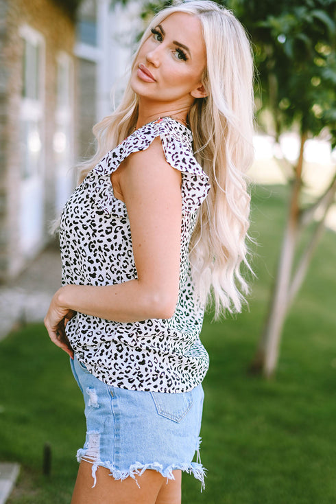 Ruffle Shoulder Embellished V Neck Animal Print Tank Top