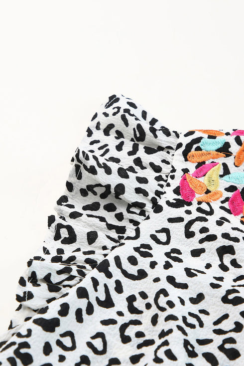 Ruffle Shoulder Embellished V Neck Animal Print Tank Top