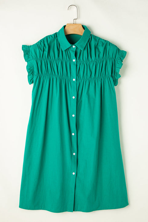 Ruffle Sleeve Button Front Gathered Shirt Dress