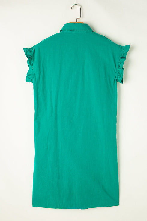 Ruffle Sleeve Button Front Gathered Shirt Dress