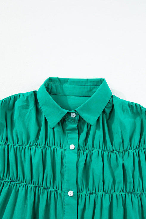 Ruffle Sleeve Button Front Gathered Shirt Dress