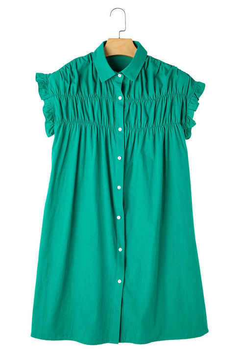 Ruffle Sleeve Button Front Gathered Shirt Dress