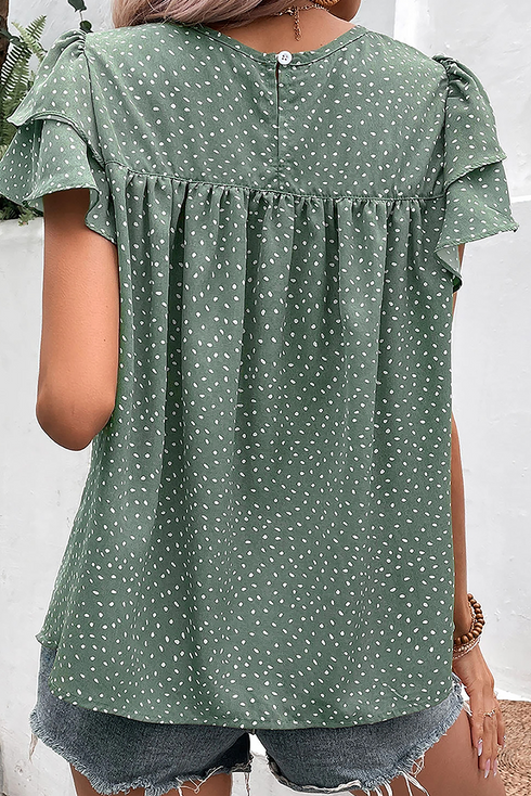 Ruffle Sleeve Crew Neck Ruched Spot Print Blouse