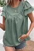 Ruffle Sleeve Crew Neck Ruched Spot Print Blouse
