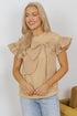 Ruffle Sleeve Ribbon Tie Neck Cotton Blend Blouse