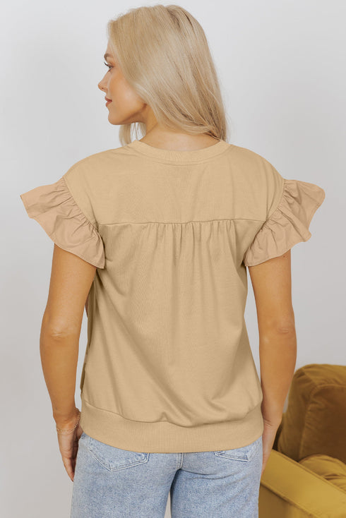 Ruffle Sleeve Ribbon Tie Neck Cotton Blend Blouse