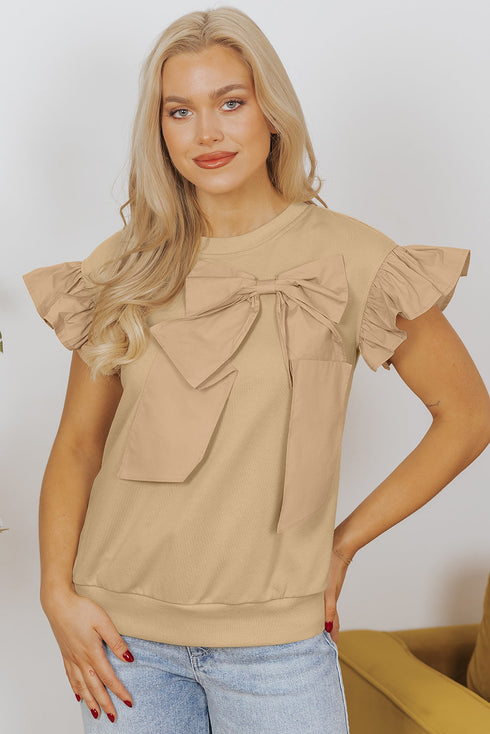 Ruffle Sleeve Ribbon Tie Neck Cotton Blend Blouse