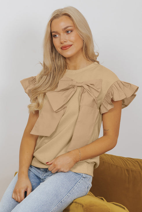 Ruffle Sleeve Ribbon Tie Neck Cotton Blend Blouse