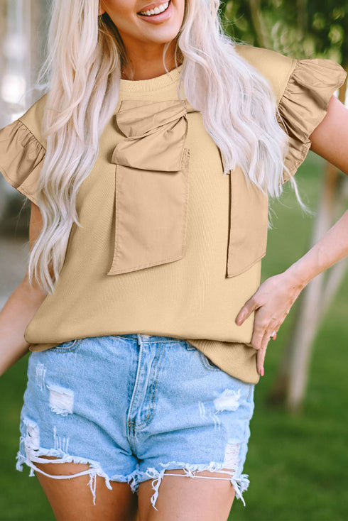 Ruffle Sleeve Ribbon Tie Neck Cotton Blend Blouse