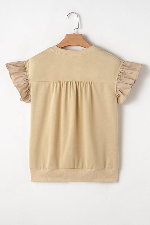 Ruffle Sleeve Ribbon Tie Neck Cotton Blend Blouse