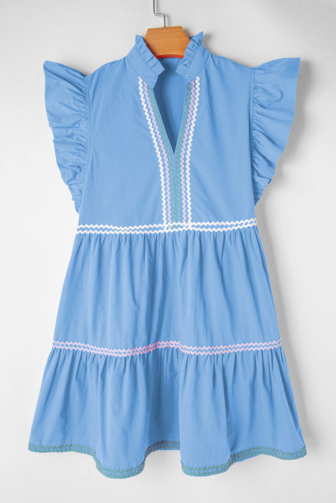 Ruffle Sleeve Ric Rac Trim Tiered Mini Dress