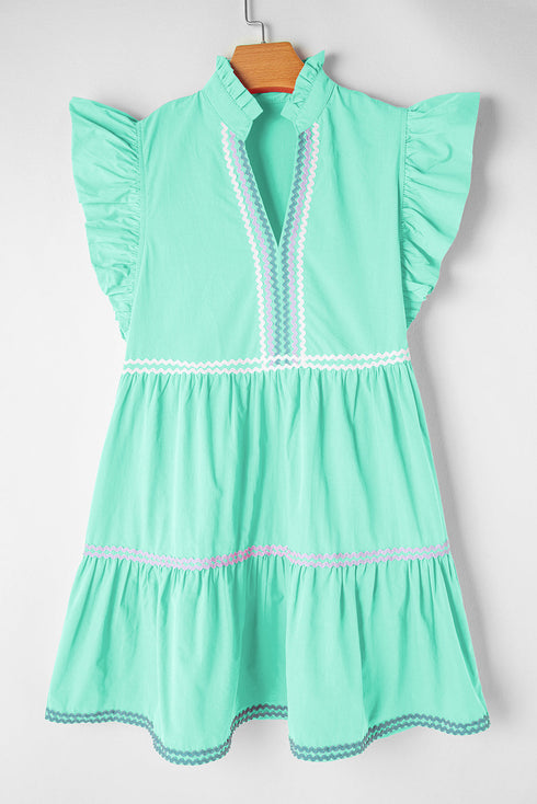 Ruffle Sleeve Ric Rac Trim Tiered Mini Dress